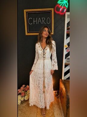 White Floral Lace Boho Maxi Dress with Tassel Pom Pom Trim